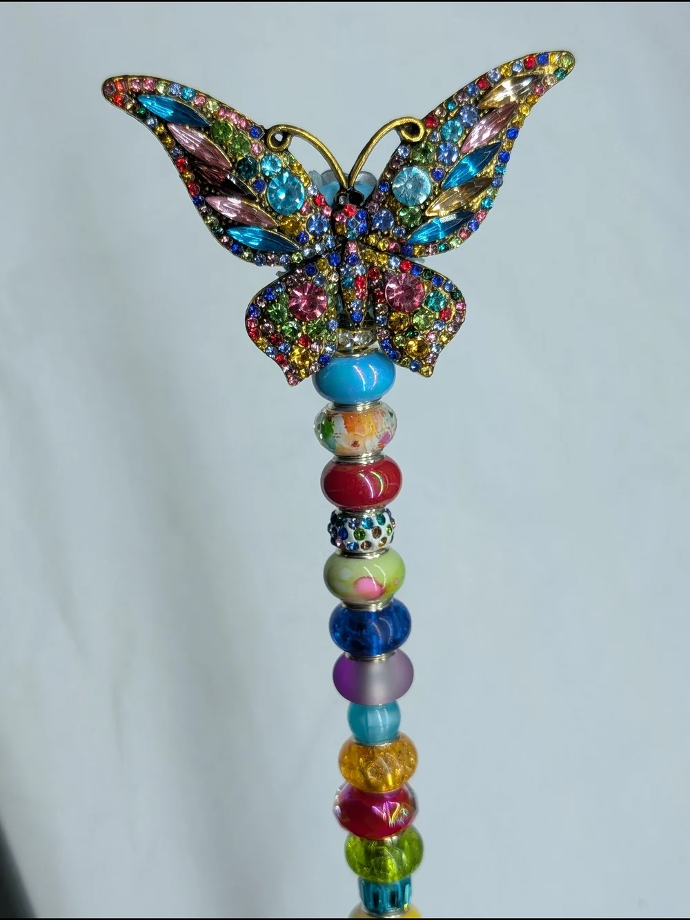 Hand Made Beaded Fairy Wand/Plant/Garden Stake W/Crystal Butterfly Topper 🦋